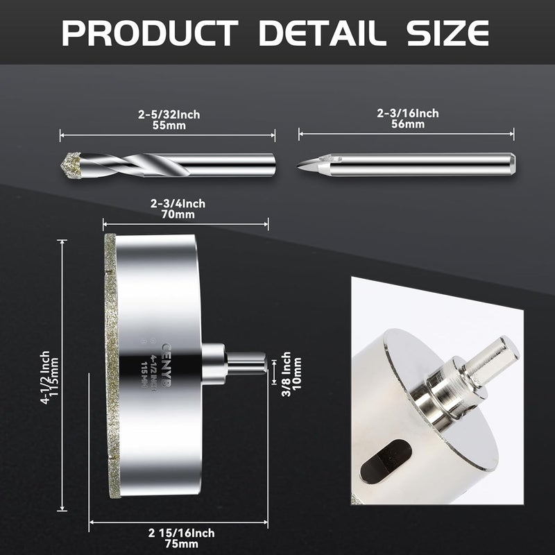 cenyb 4-1/2inch | 115mm Diamond Hole Saw with Center Drill bit and Diamond-Coated Center Drill bit for Ceramic Glass Marble Fiberglass Granite and Porcelain Tiles by - Image 2